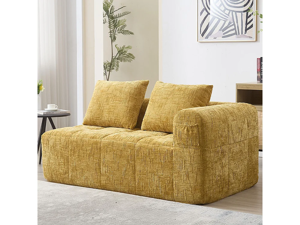 Canapé 2 places sans installation en chenille avec chaise longue accoudoirs coussin et poche latérale pour télécommande couleur jaune