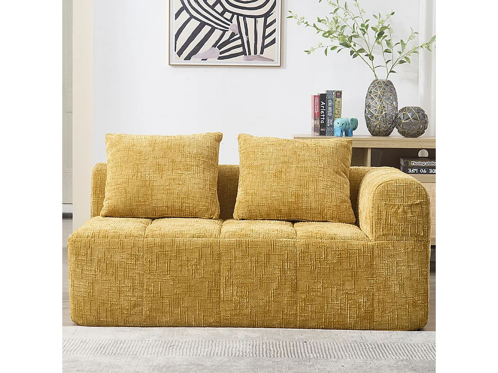 Canapé 2 places sans installation en chenille avec chaise longue accoudoirs coussin et poche latérale pour télécommande couleur jaune