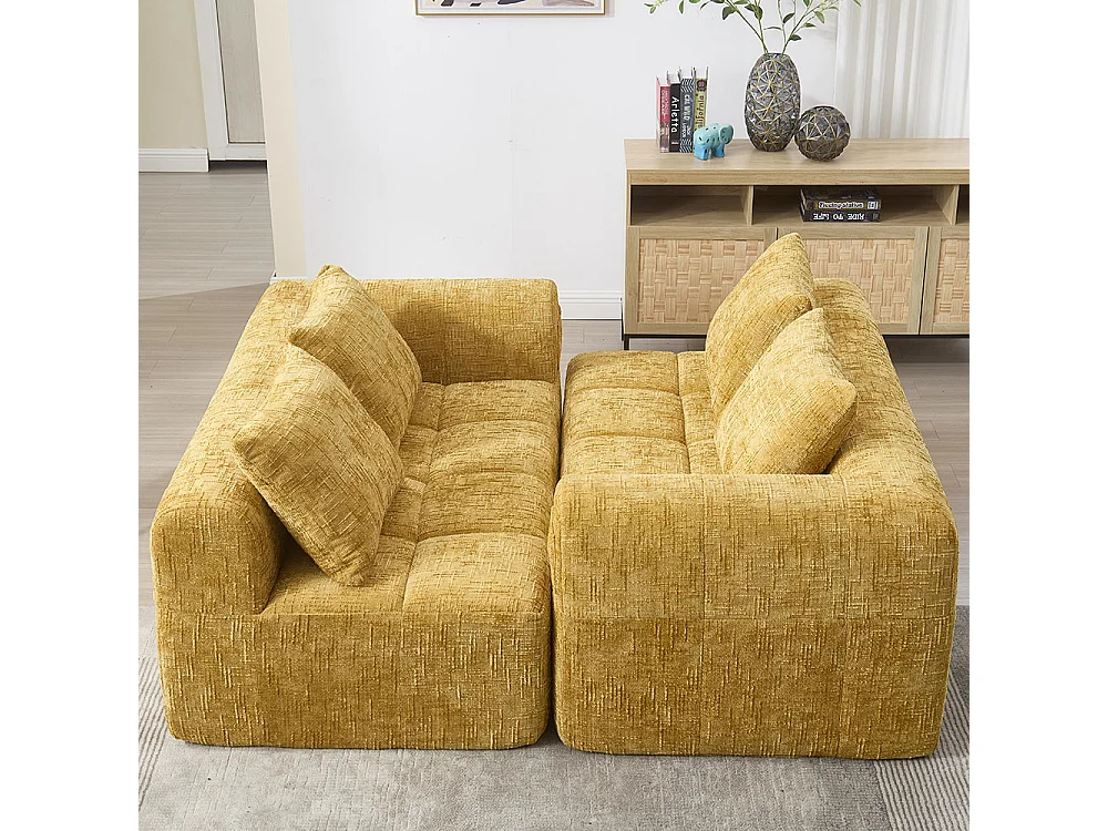 Canapé 2 places sans installation en chenille avec chaise longue accoudoirs coussin et poche latérale pour télécommande couleur jaune