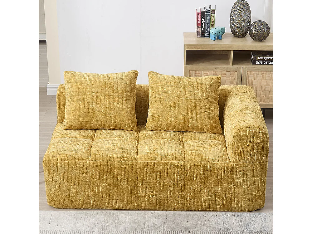 Canapé 2 places sans installation en chenille avec chaise longue accoudoirs coussin et poche latérale pour télécommande couleur jaune