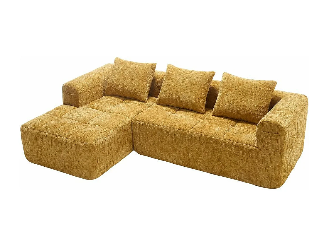 Canapé modulaire 3 places sans installation en chenille avec chaise longue accoudoirs trois coussins et poche latérale pour télécommande couleur jaune
