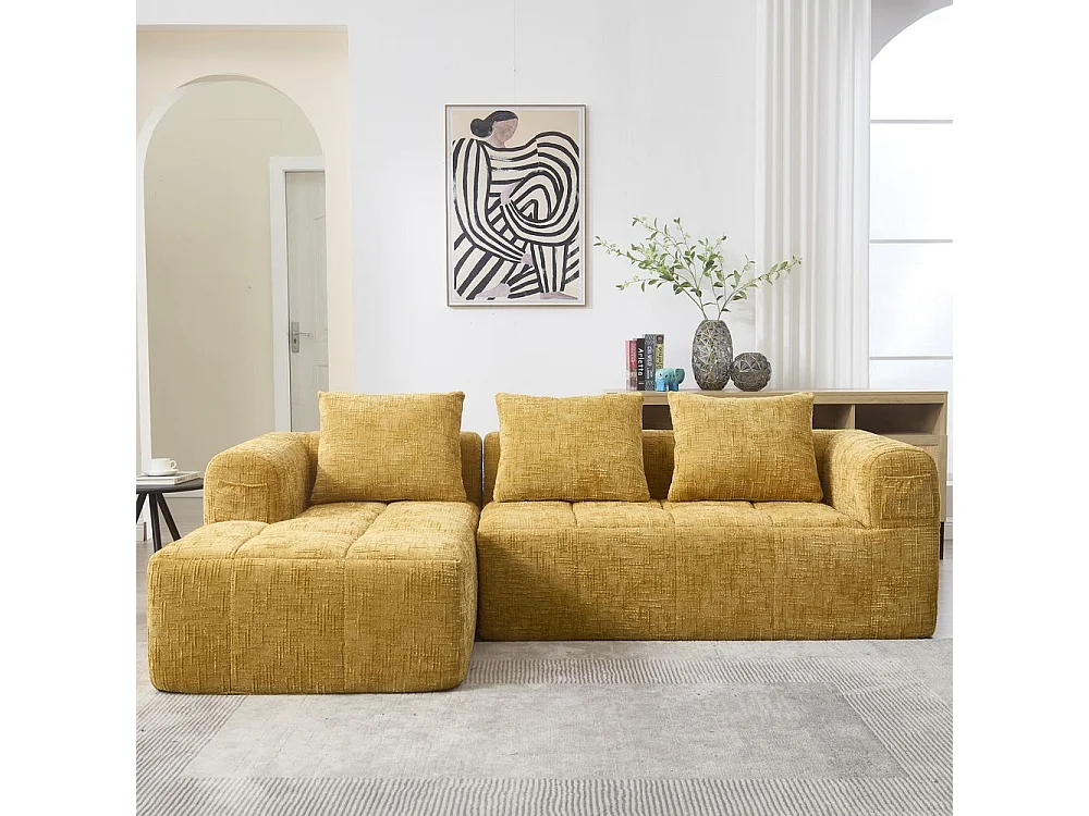 Canapé modulaire 3 places sans installation en chenille avec chaise longue accoudoirs trois coussins et poche latérale pour télécommande couleur jaune