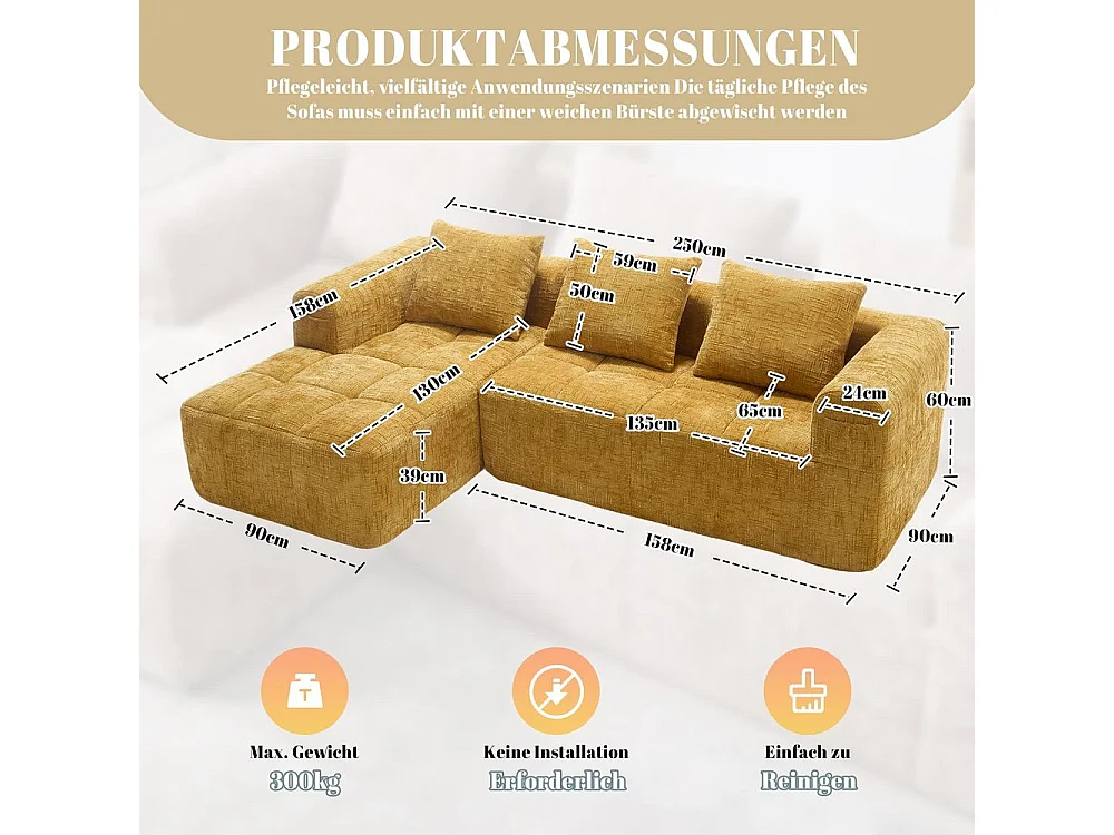 Canapé modulaire 3 places sans installation en chenille avec chaise longue accoudoirs trois coussins et poche latérale pour télécommande couleur jaune