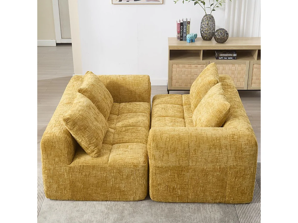 Canapé modulaire 3 places sans installation en chenille avec chaise longue accoudoirs trois coussins et poche latérale pour télécommande couleur jaune