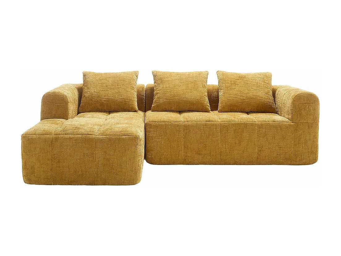 Canapé modulaire 3 places sans installation en chenille avec chaise longue accoudoirs trois coussins et poche latérale pour télécommande couleur jaune