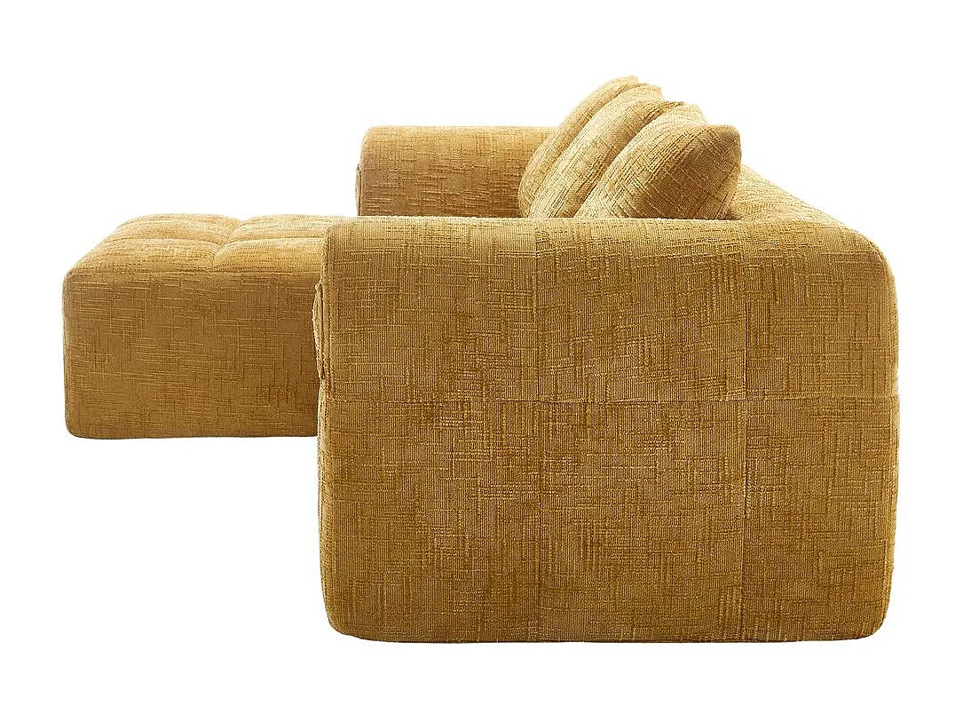 Canapé modulaire 3 places sans installation en chenille avec chaise longue accoudoirs trois coussins et poche latérale pour télécommande couleur jaune