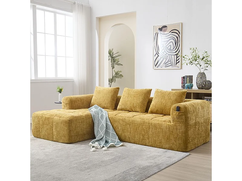 Canapé modulaire 3 places sans installation en chenille avec chaise longue accoudoirs trois coussins et poche latérale pour télécommande couleur jaune