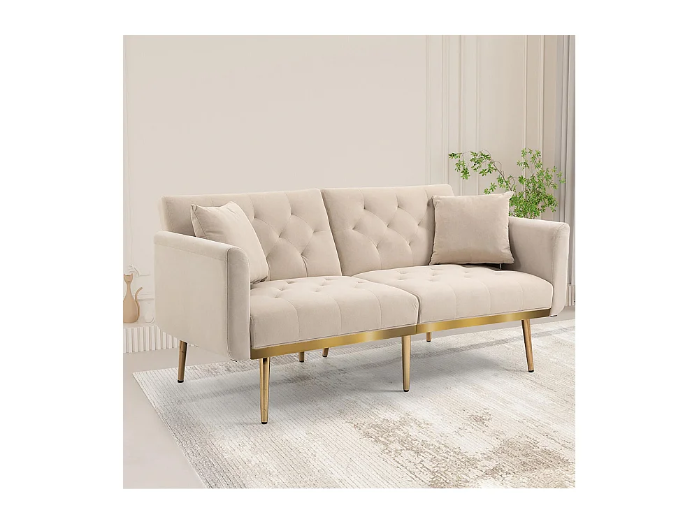 Canapé double moderne avec coussins canapé en velours avec dossier réglable confortable avec pieds en métal pour petits espaces beige