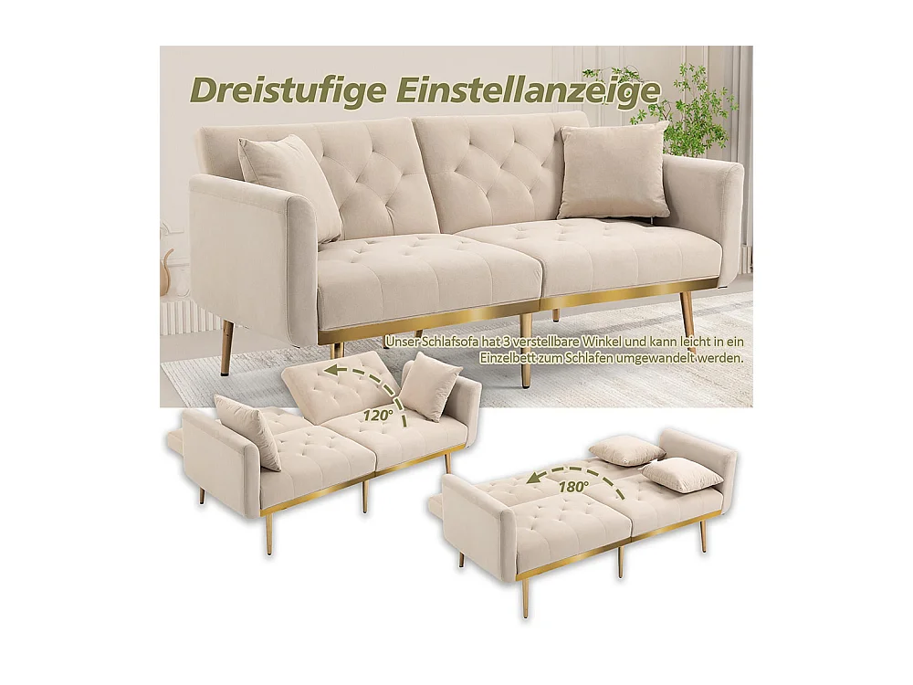 Canapé double moderne avec coussins canapé en velours avec dossier réglable confortable avec pieds en métal pour petits espaces beige