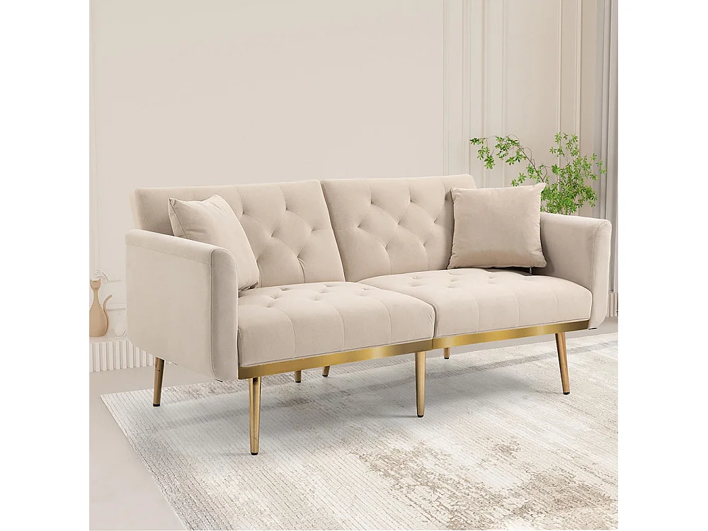 Canapé double moderne avec coussins canapé en velours avec dossier réglable confortable avec pieds en métal pour petits espaces beige