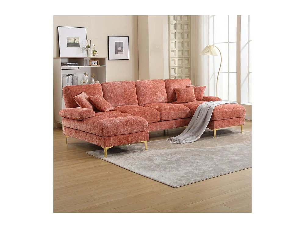 Canapé d'angle moderne en chenille 4 places canapé avec double assise convertible rose