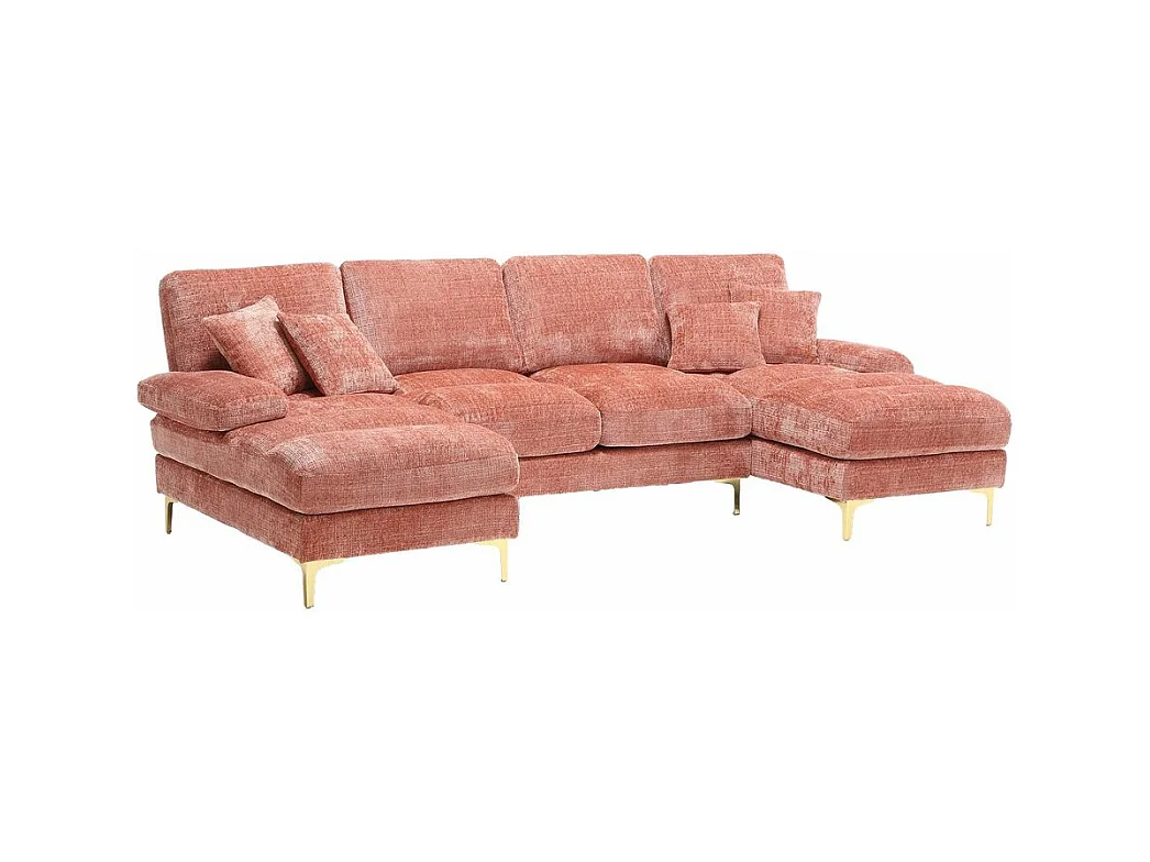 Canapé d'angle moderne en chenille 4 places canapé avec double assise convertible rose