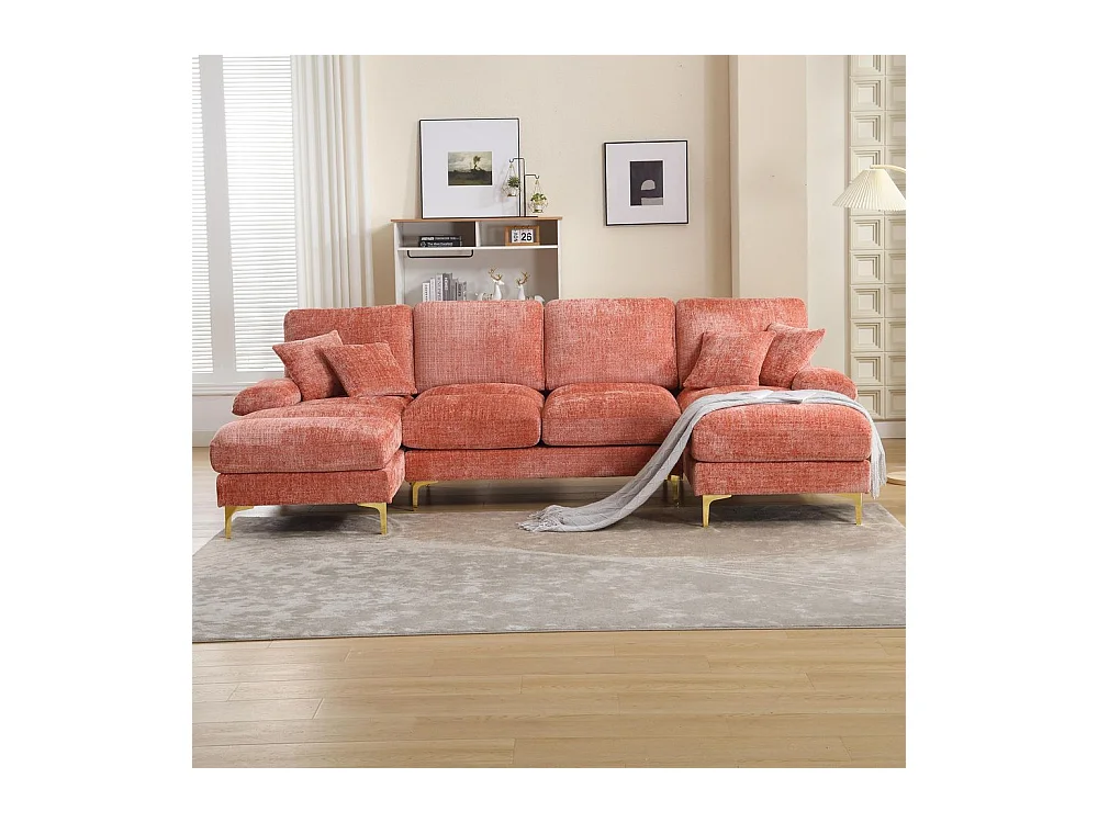 Canapé d'angle moderne en chenille 4 places canapé avec double assise convertible rose