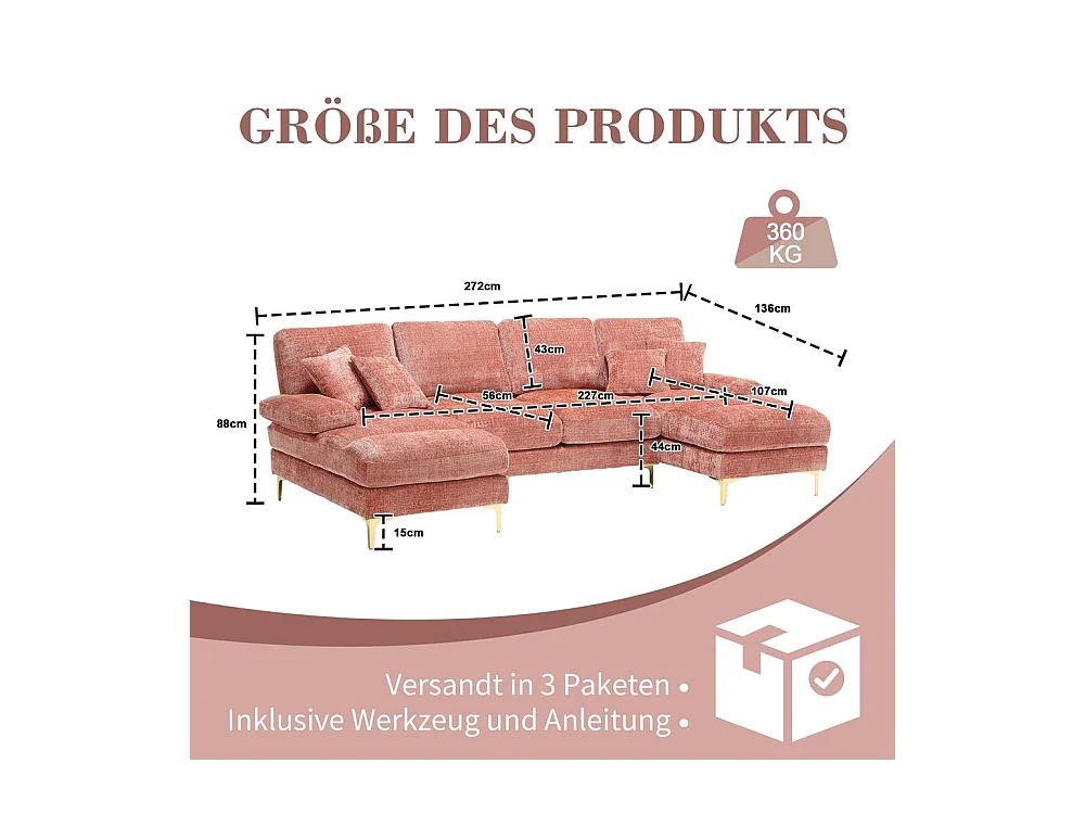 Canapé d'angle moderne en chenille 4 places canapé avec double assise convertible rose