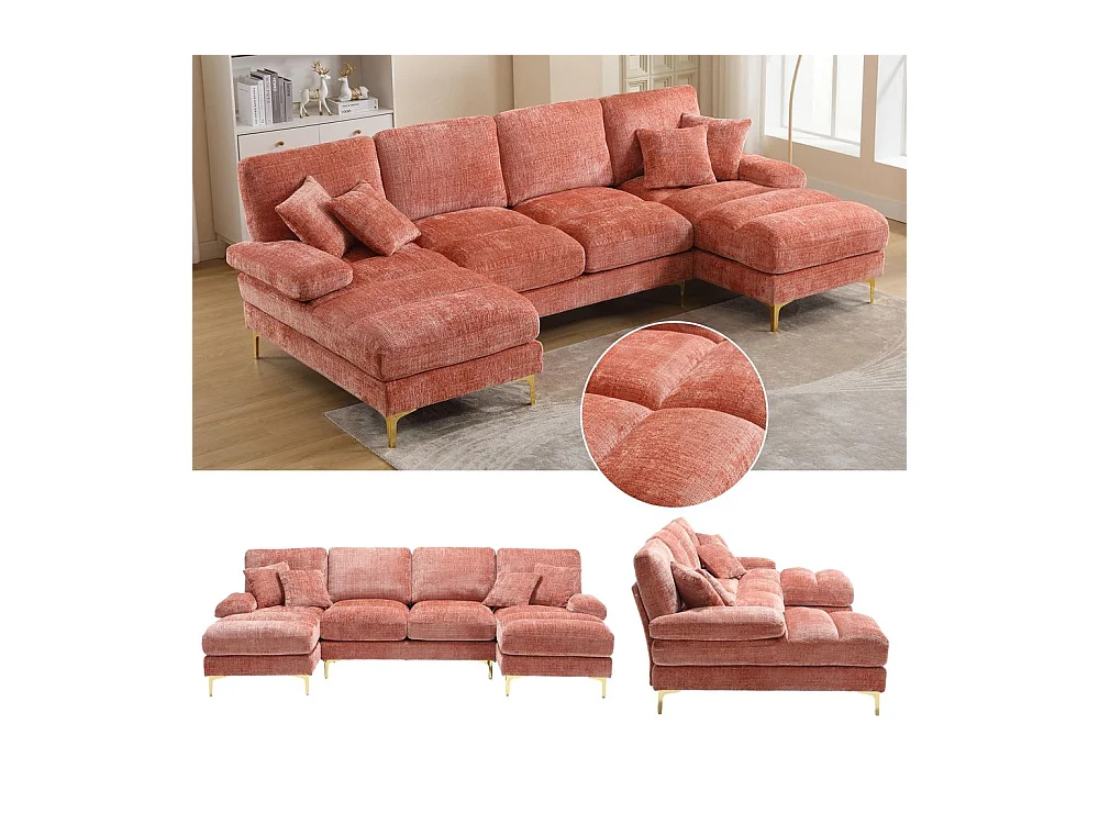 Canapé d'angle moderne en chenille 4 places canapé avec double assise convertible rose