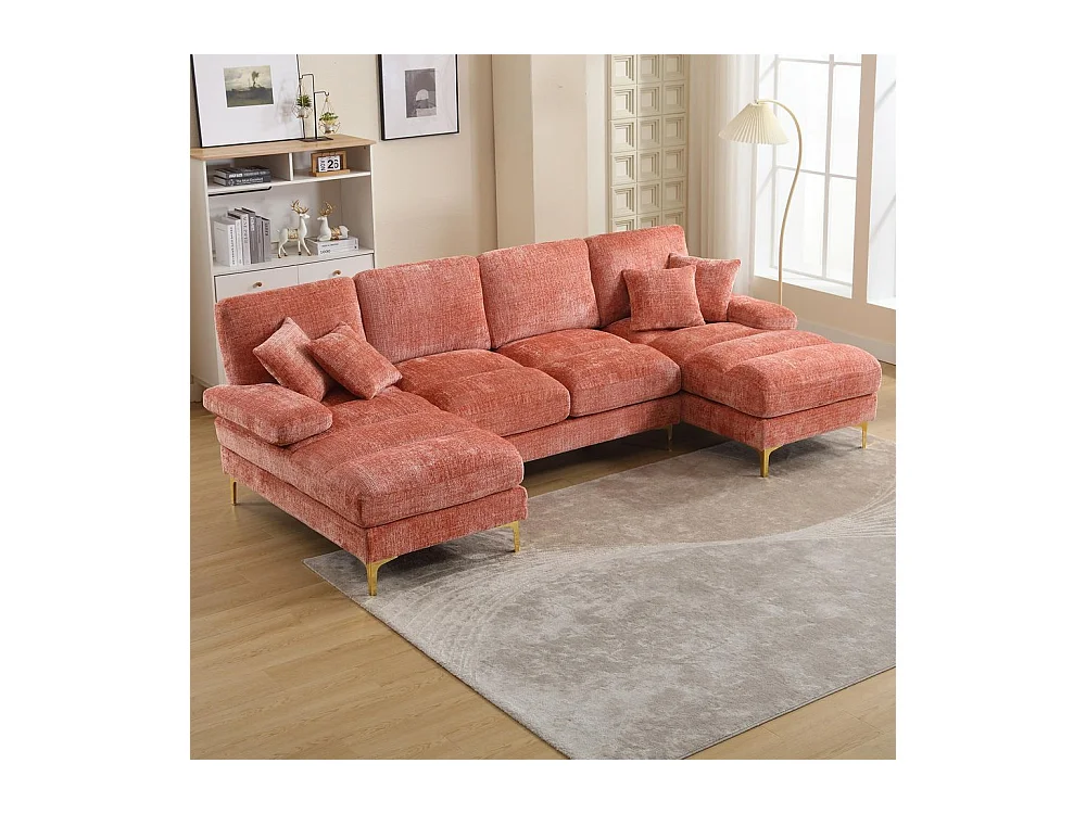 Canapé d'angle moderne en chenille 4 places canapé avec double assise convertible rose