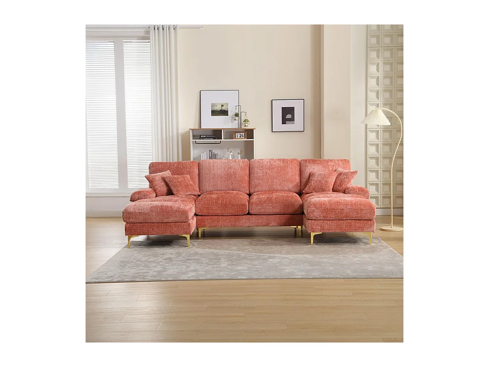 Canapé d'angle moderne en chenille 4 places canapé avec double assise convertible rose
