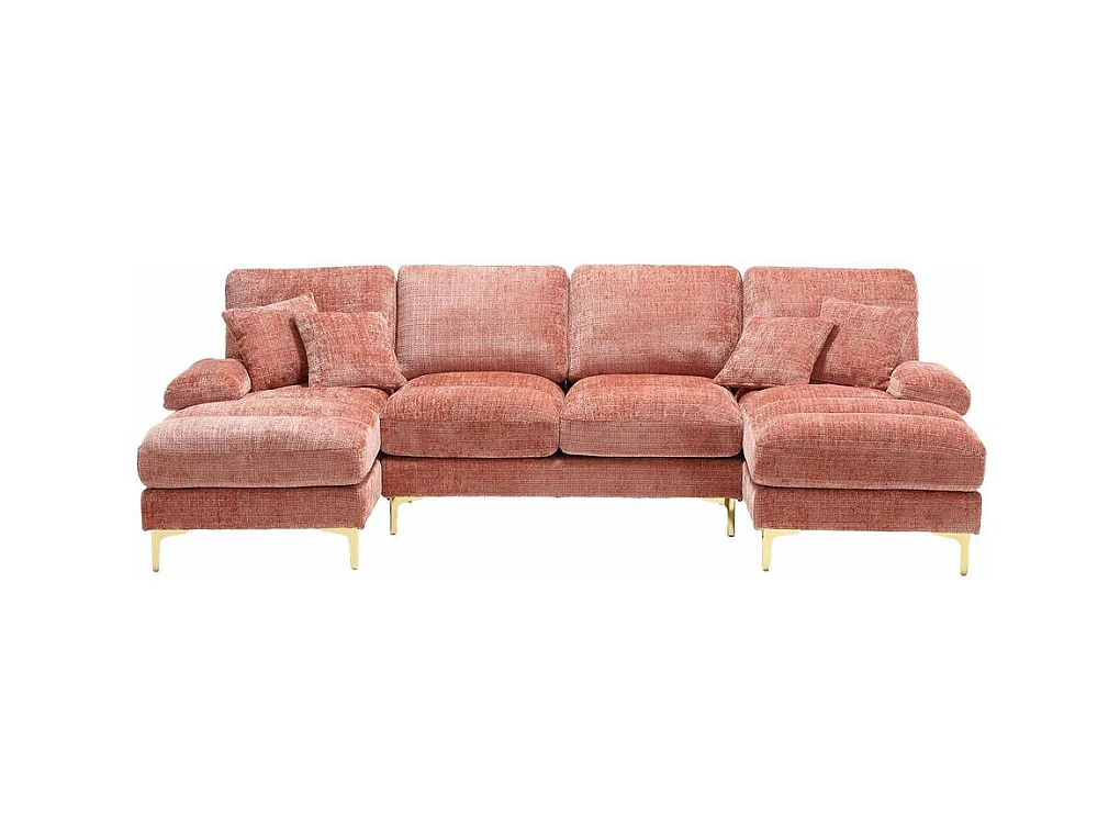 Canapé d'angle moderne en chenille 4 places canapé avec double assise convertible rose