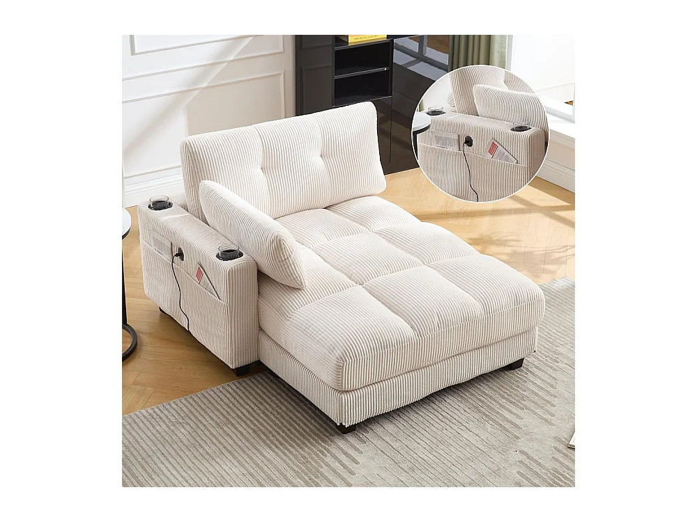 Fauteuil en palmier avec coussins moelleux à rayures accoudoirs avec coussins roulants rabats pour la tête trois porte gobelets et poche latérale couleur beige