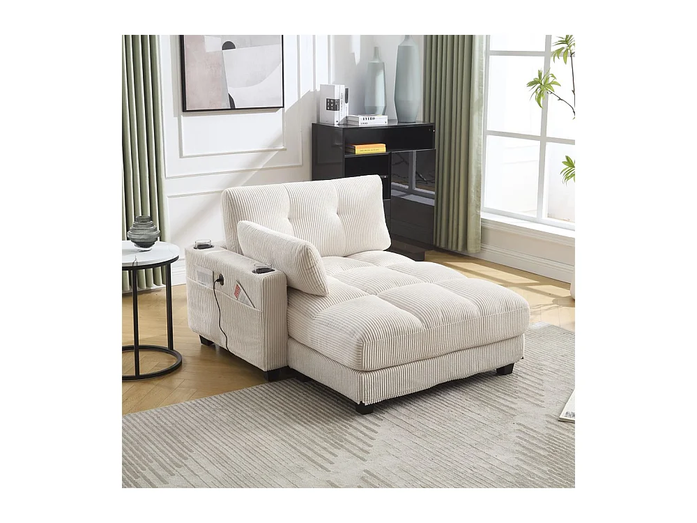 Fauteuil en palmier avec coussins moelleux à rayures accoudoirs avec coussins roulants rabats pour la tête trois porte gobelets et poche latérale couleur beige