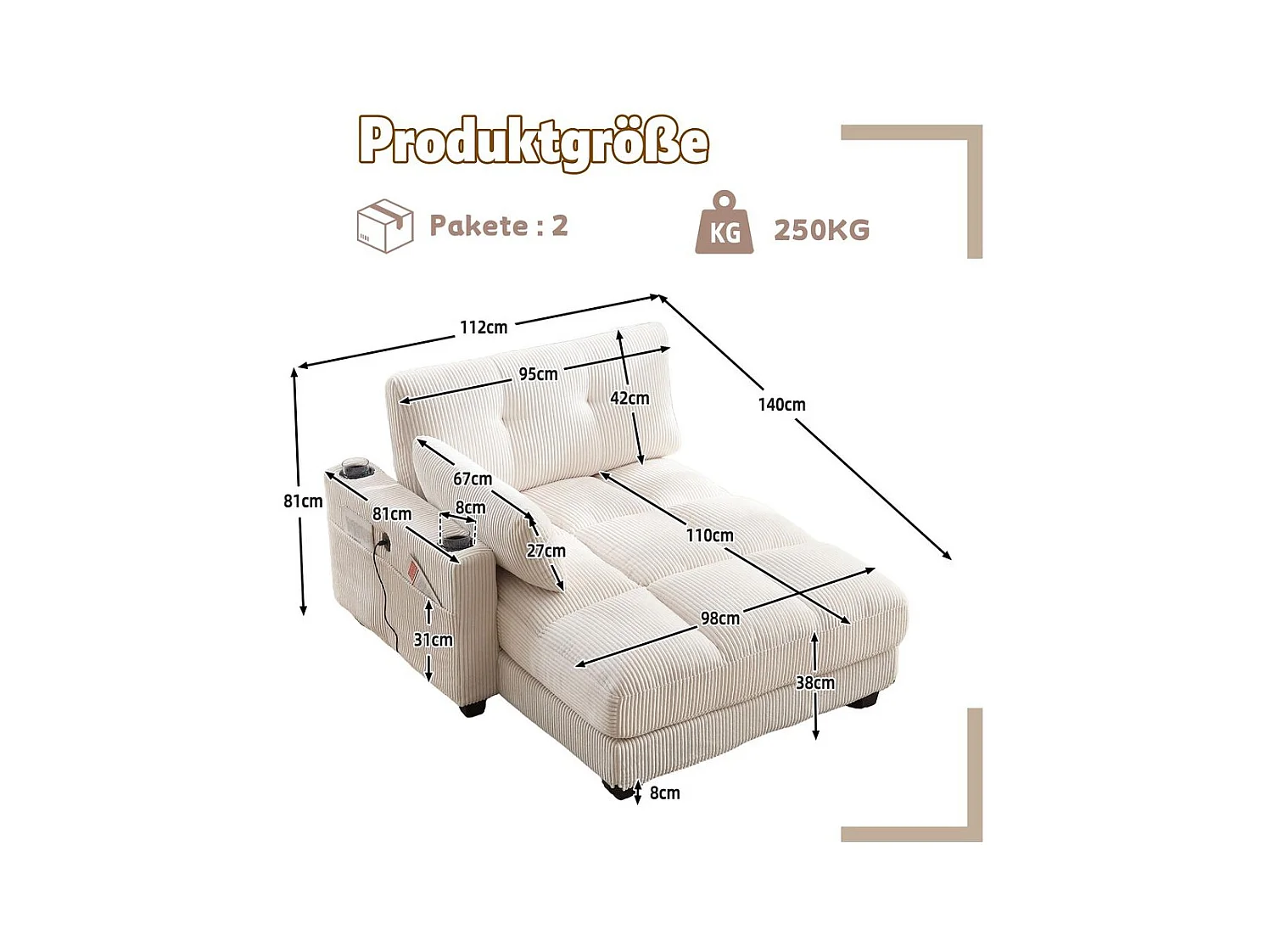 Fauteuil en palmier avec coussins moelleux à rayures accoudoirs avec coussins roulants rabats pour la tête trois porte gobelets et poche latérale couleur beige