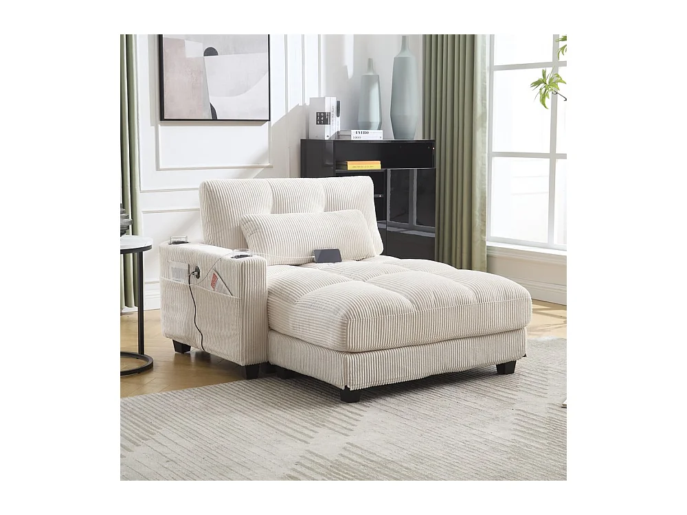 Fauteuil en palmier avec coussins moelleux à rayures accoudoirs avec coussins roulants rabats pour la tête trois porte gobelets et poche latérale couleur beige