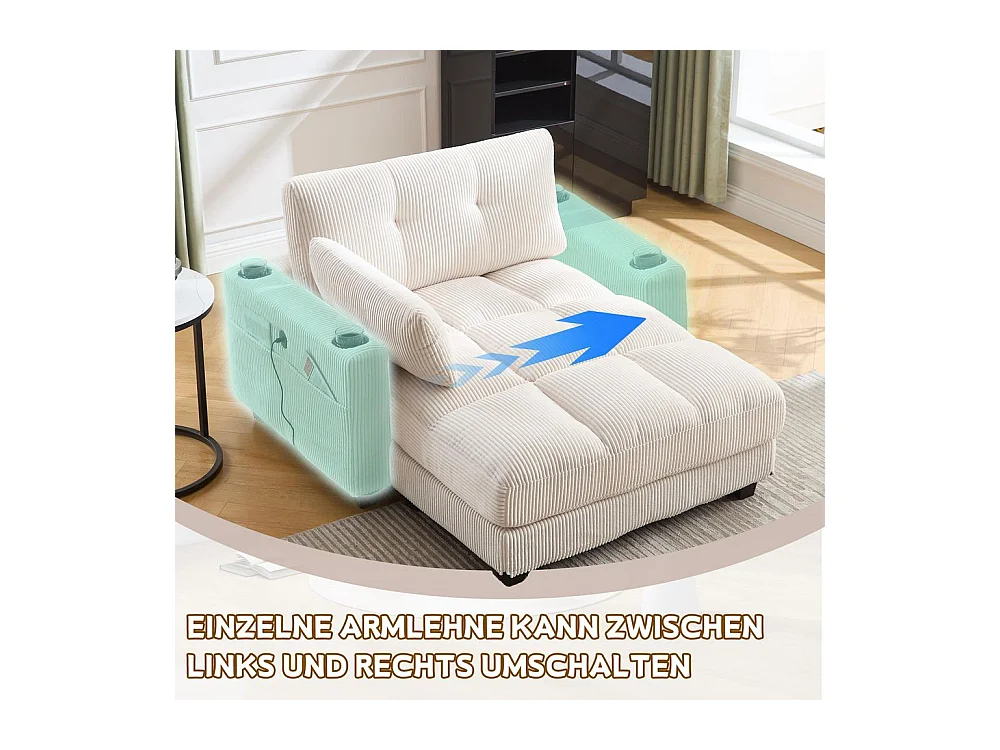 Fauteuil en palmier avec coussins moelleux à rayures accoudoirs avec coussins roulants rabats pour la tête trois porte gobelets et poche latérale couleur beige