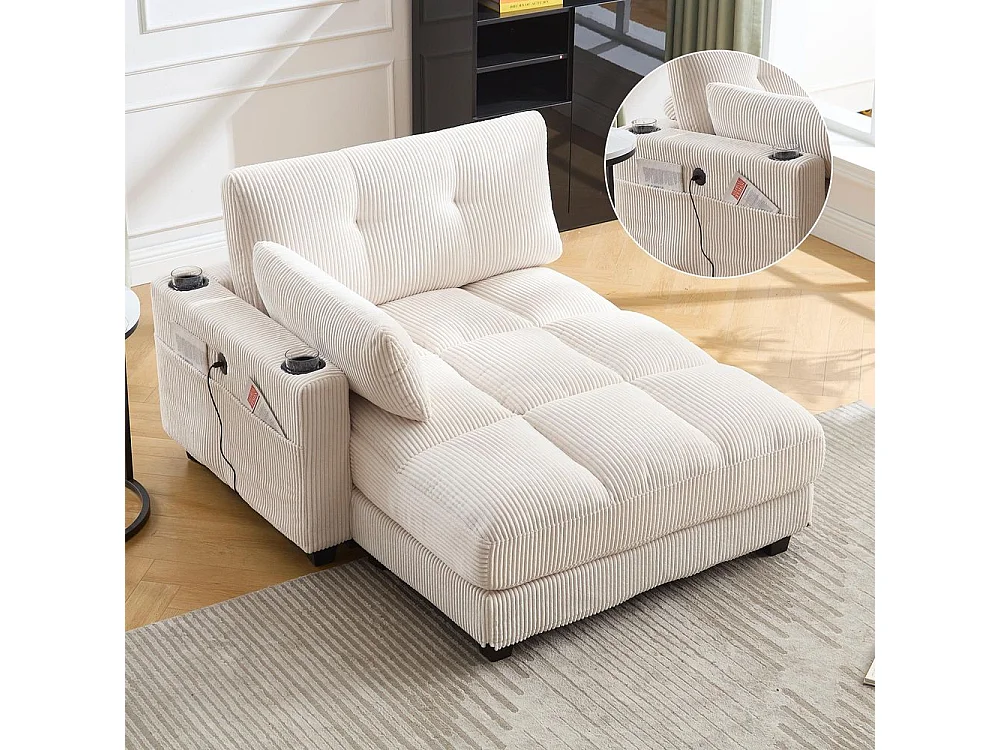 Fauteuil en palmier avec coussins moelleux à rayures accoudoirs avec coussins roulants rabats pour la tête trois porte gobelets et poche latérale couleur beige