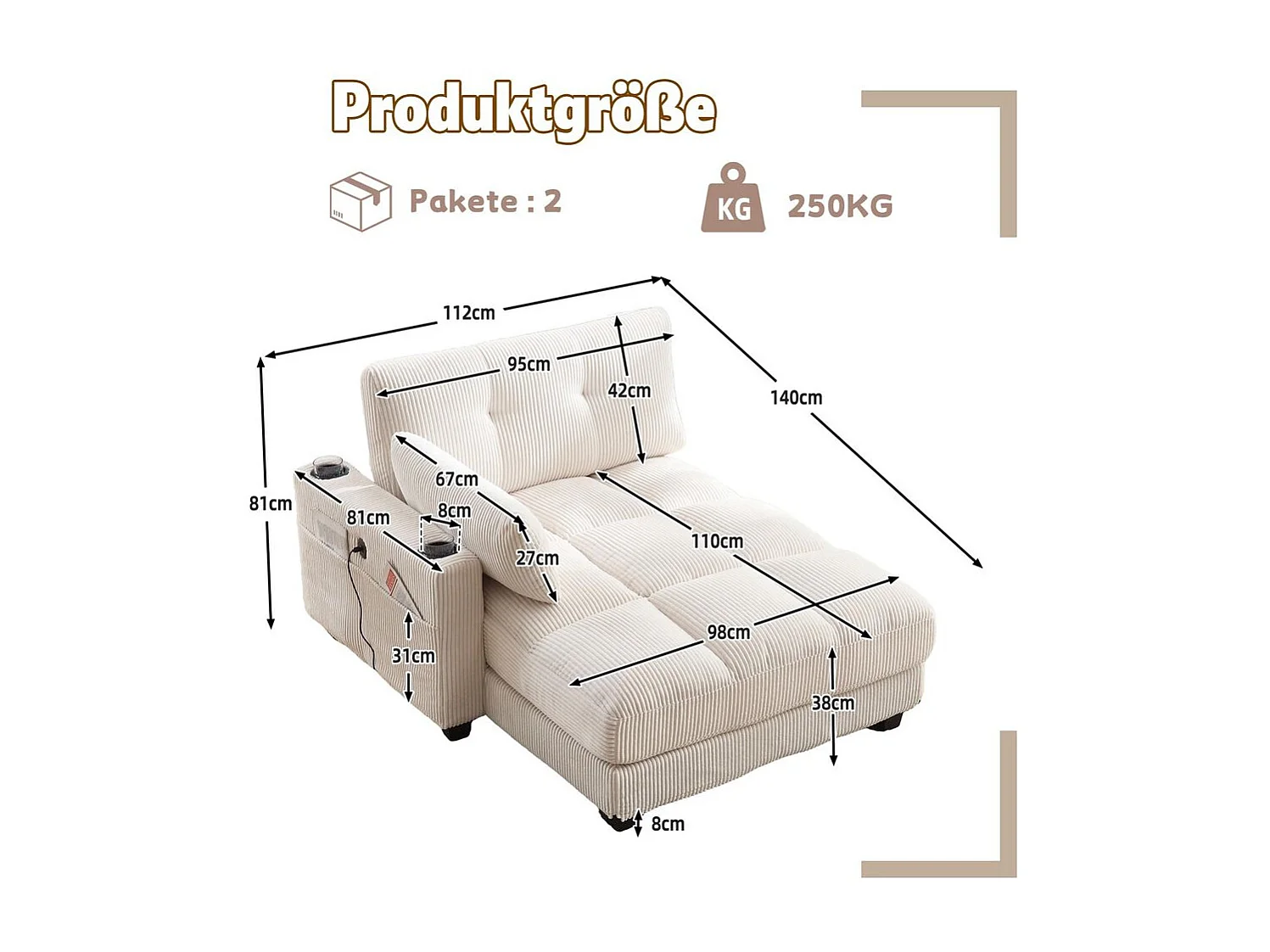 Fauteuil en palmier avec coussins moelleux à rayures accoudoirs avec coussins roulants rabats pour la tête trois porte gobelets et poche latérale couleur beige