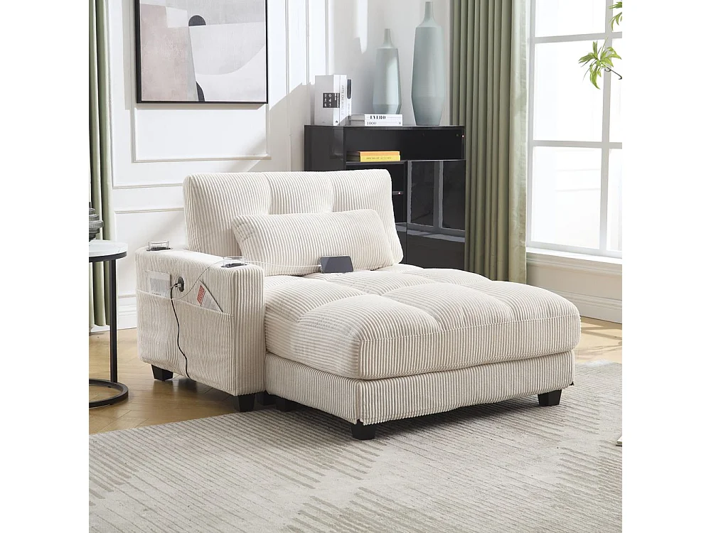 Fauteuil en palmier avec coussins moelleux à rayures accoudoirs avec coussins roulants rabats pour la tête trois porte gobelets et poche latérale couleur beige