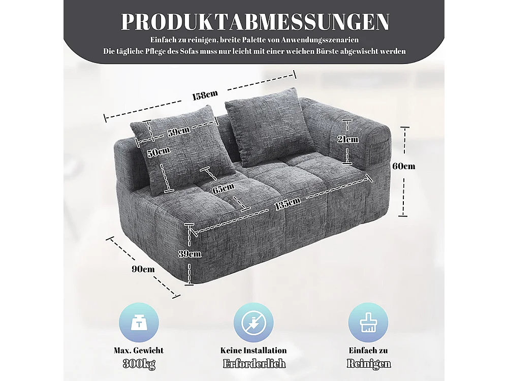 Canapé 2 places sans installation en chenille avec chaise longue accoudoirs coussin et poche latérale pour télécommande couleur gris