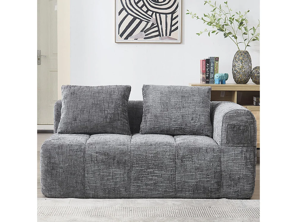 Canapé 2 places sans installation en chenille avec chaise longue accoudoirs coussin et poche latérale pour télécommande couleur gris