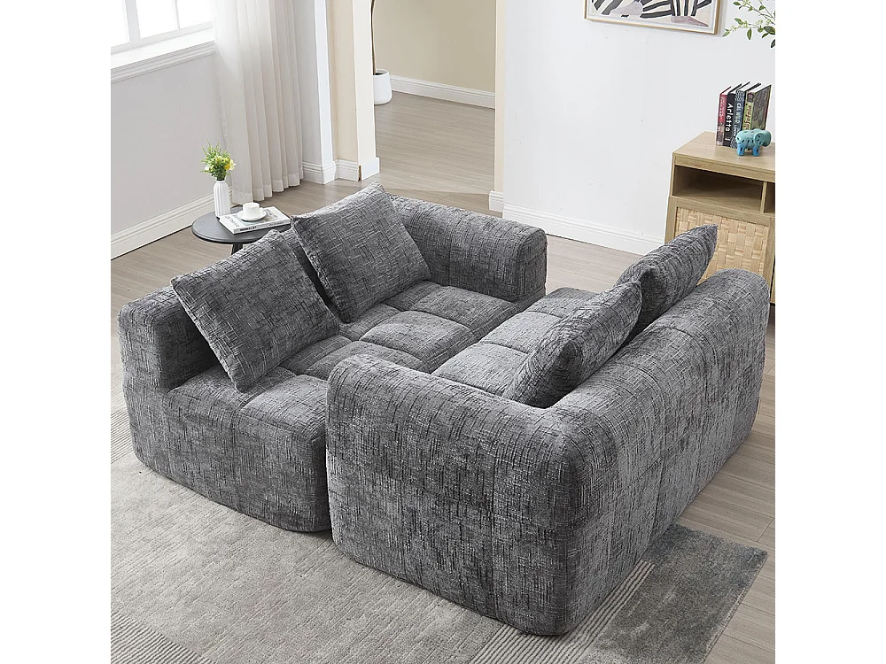Canapé 2 places sans installation en chenille avec chaise longue accoudoirs coussin et poche latérale pour télécommande couleur gris