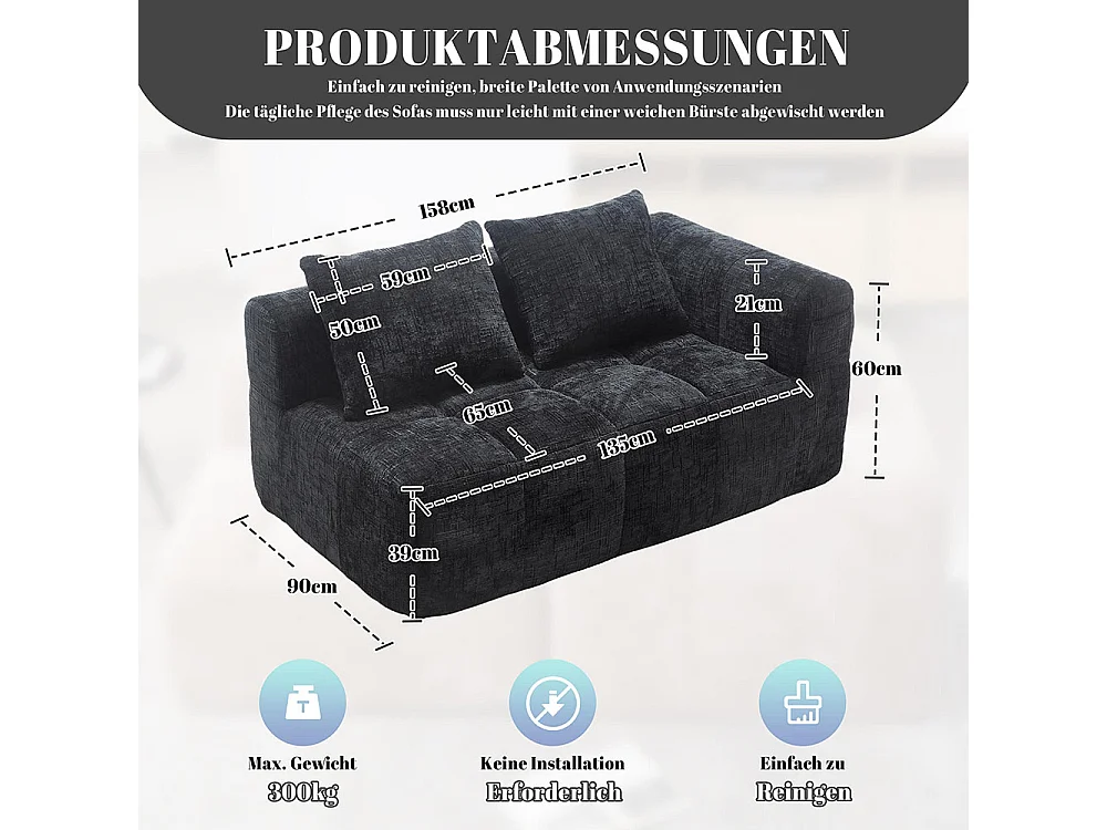 Canapé 2 places sans installation en chenille avec chaise longue accoudoirs coussin et poche latérale pour télécommande couleur noir