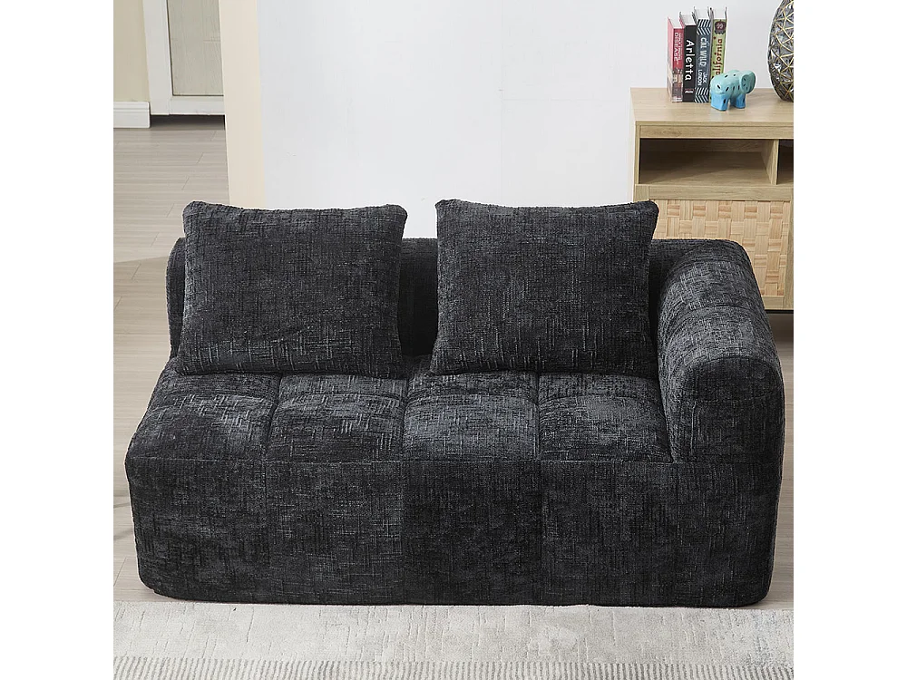 Canapé 2 places sans installation en chenille avec chaise longue accoudoirs coussin et poche latérale pour télécommande couleur noir