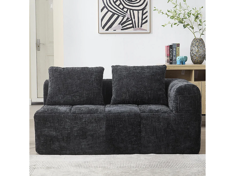 Canapé 2 places sans installation en chenille avec chaise longue accoudoirs coussin et poche latérale pour télécommande couleur noir
