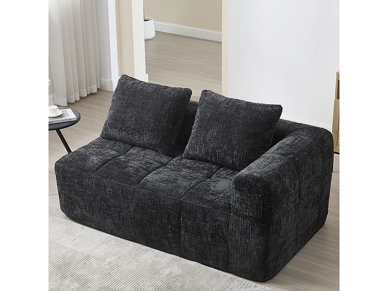 Canapé 2 places sans installation en chenille avec chaise longue accoudoirs coussin et poche latérale pour télécommande couleur noir