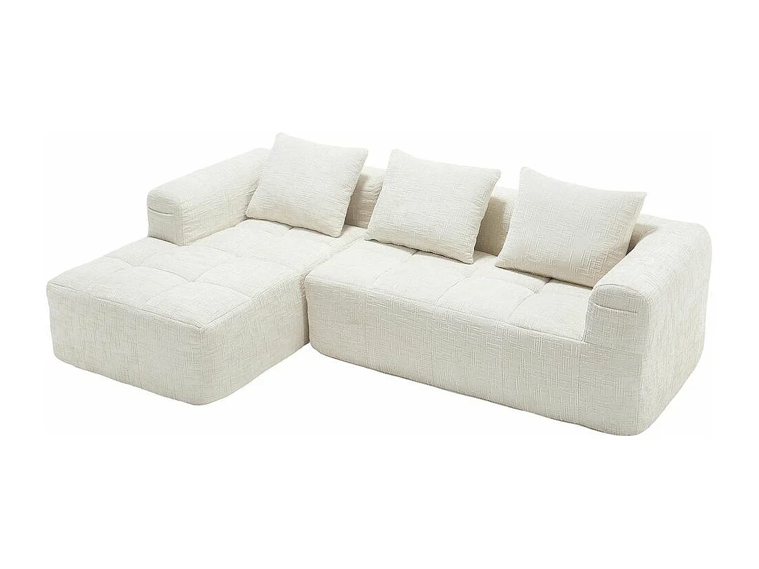 Canapé modulaire 3 places sans installation en chenille avec chaise longue accoudoirs trois coussins et poche latérale pour télécommande couleur beige