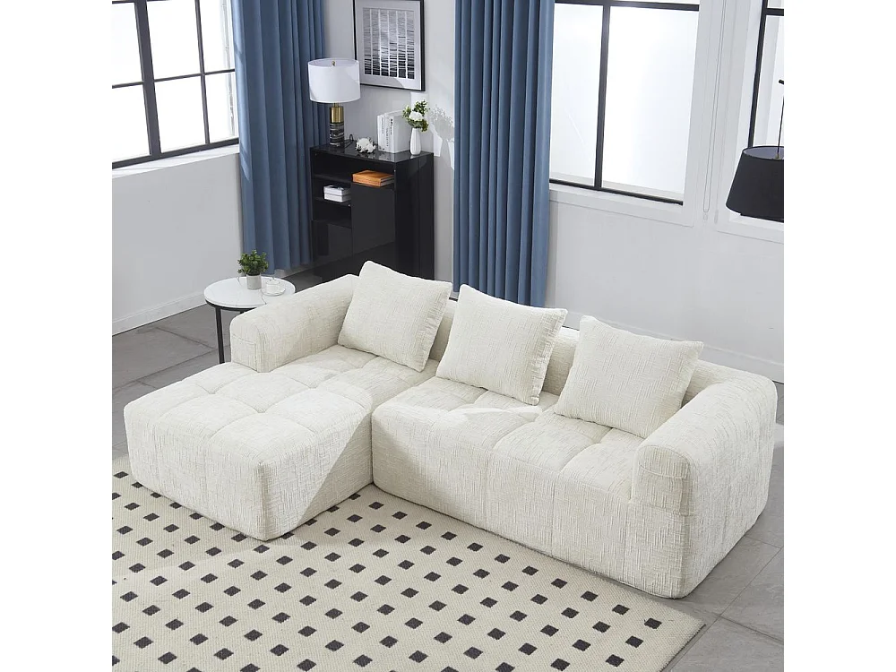 Canapé modulaire 3 places sans installation en chenille avec chaise longue accoudoirs trois coussins et poche latérale pour télécommande couleur beige