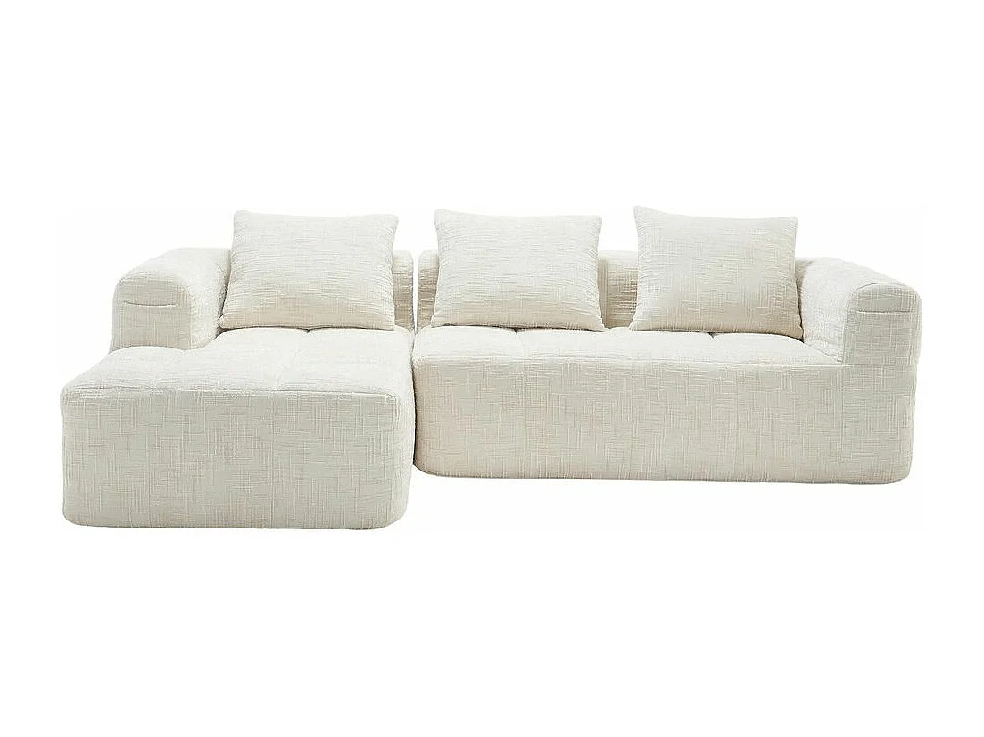 Canapé modulaire 3 places sans installation en chenille avec chaise longue accoudoirs trois coussins et poche latérale pour télécommande couleur beige