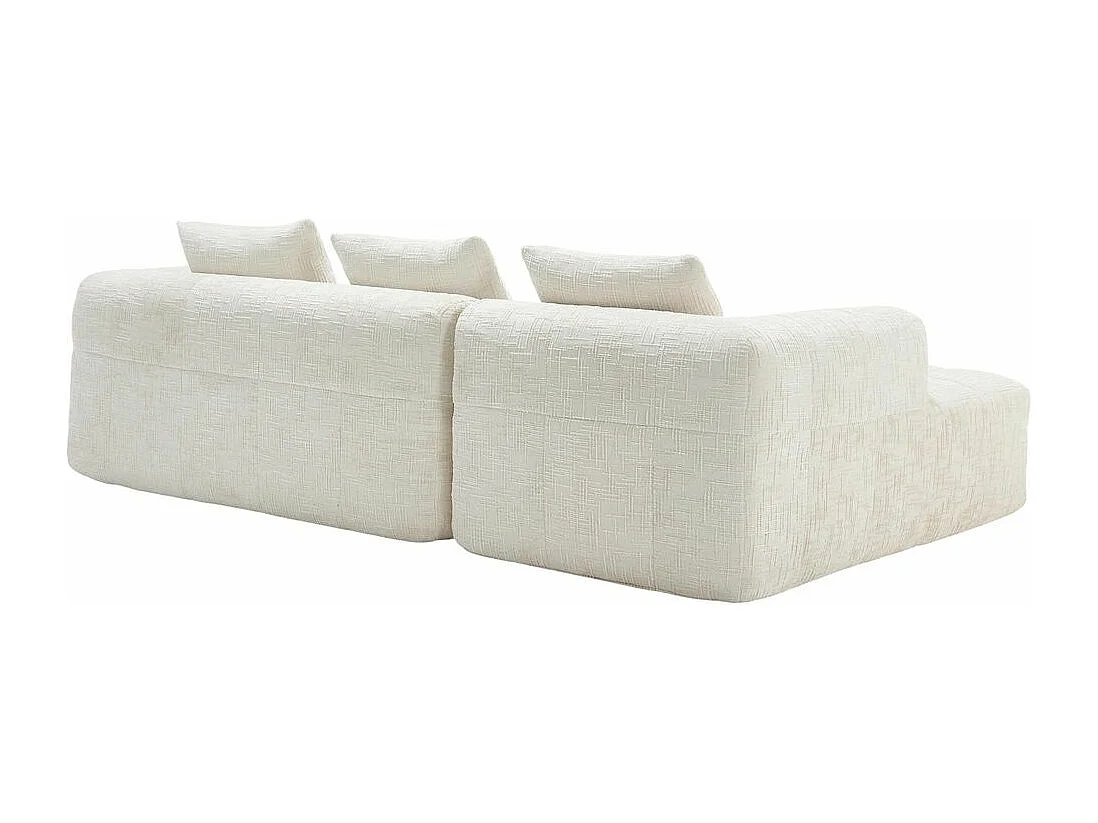 Canapé modulaire 3 places sans installation en chenille avec chaise longue accoudoirs trois coussins et poche latérale pour télécommande couleur beige