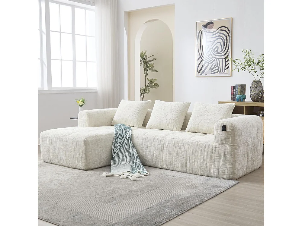 Canapé modulaire 3 places sans installation en chenille avec chaise longue accoudoirs trois coussins et poche latérale pour télécommande couleur beige