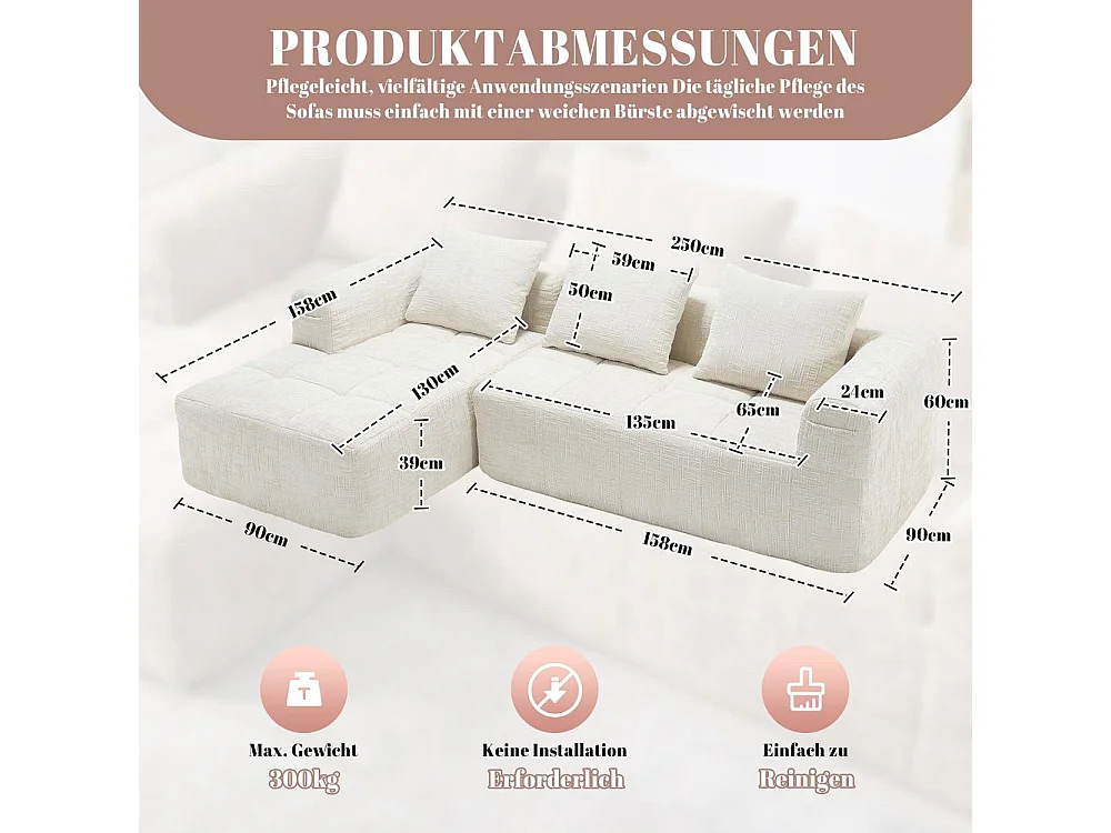 Canapé modulaire 3 places sans installation en chenille avec chaise longue accoudoirs trois coussins et poche latérale pour télécommande couleur beige