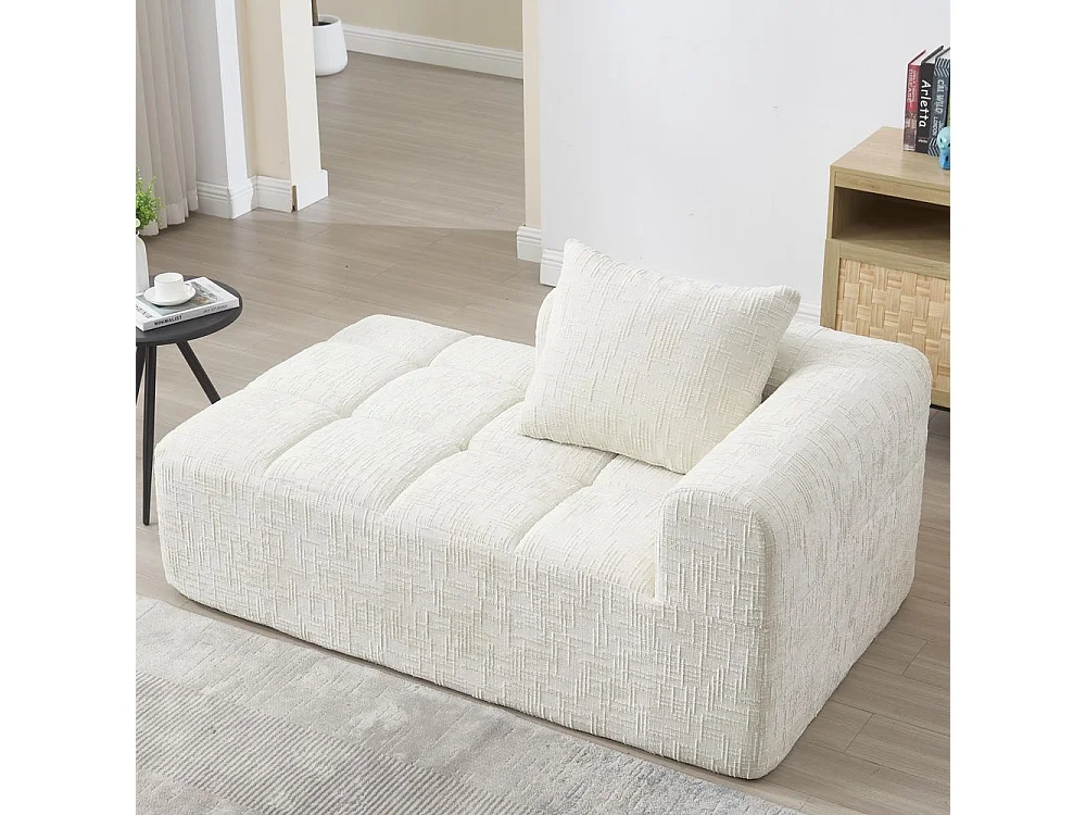 Canapé modulaire 3 places sans installation en chenille avec chaise longue accoudoirs trois coussins et poche latérale pour télécommande couleur beige