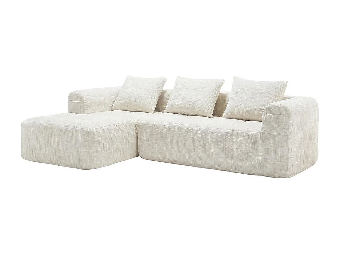 Canapé modulaire 3 places sans installation en chenille avec chaise longue accoudoirs trois coussins et poche latérale pour télécommande couleur beige
