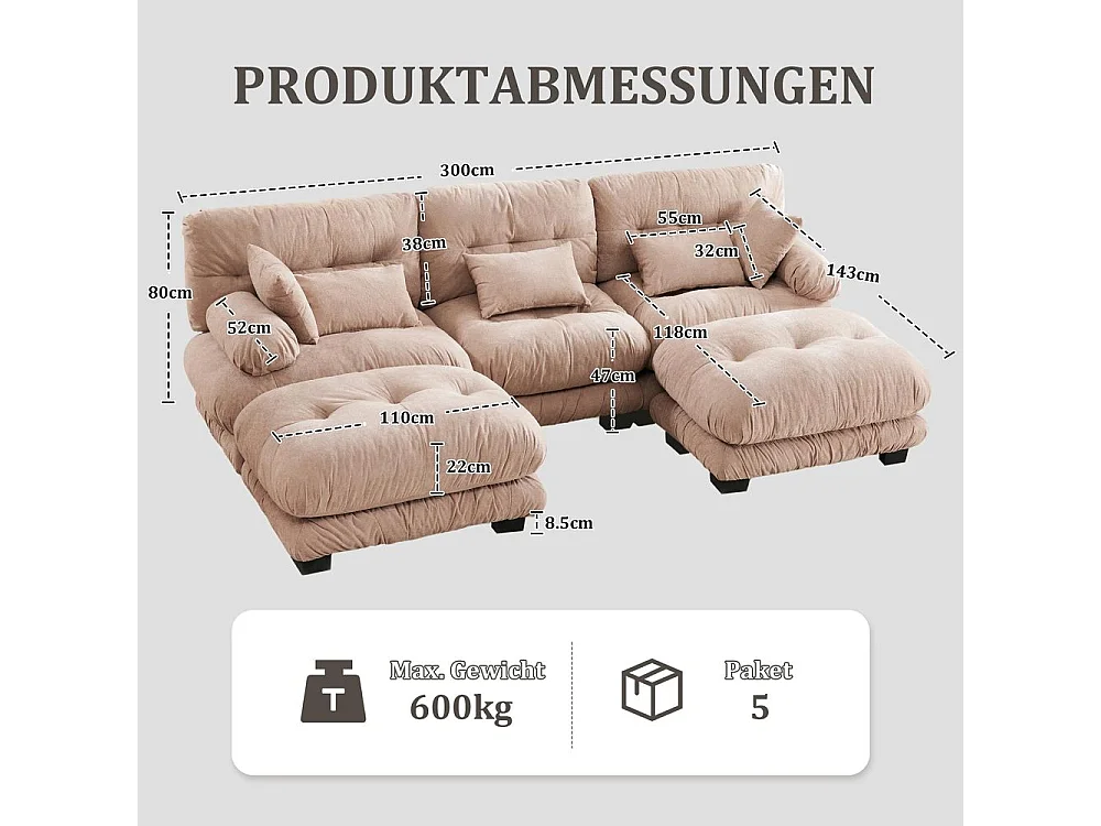 Canapé modulaire canapé d'angle tissu velours et design grand nuage 5 places rembourrage 100 % mousse à mémoire de forme construction robuste kaki