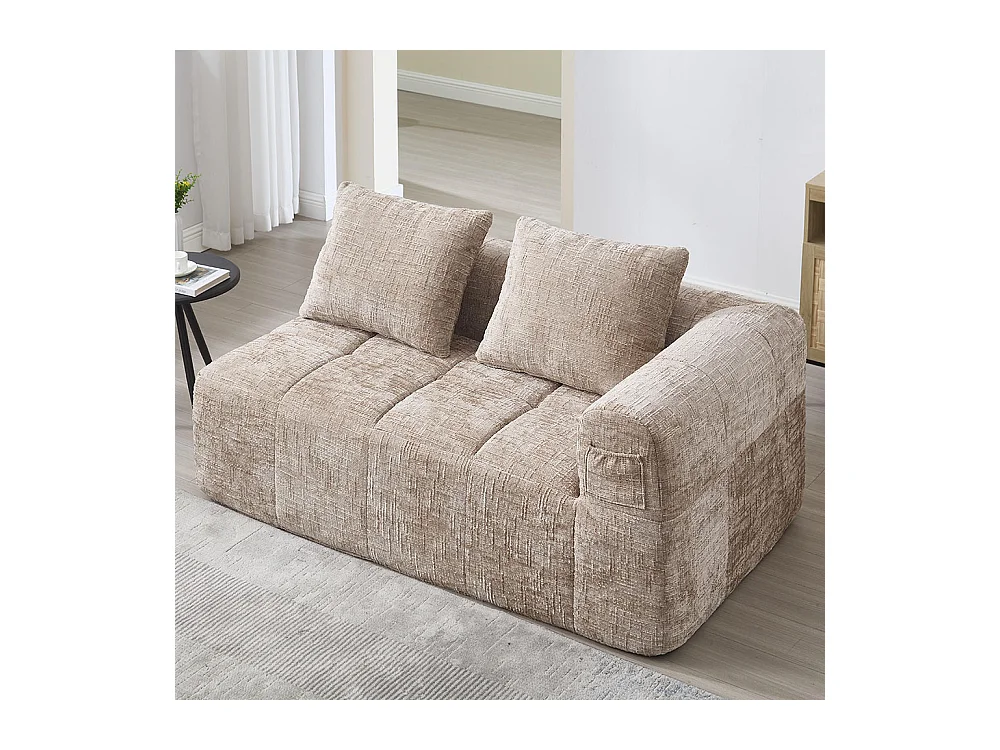 Canapé 2 places sans installation en chenille avec chaise longue accoudoirs coussin et poche latérale pour télécommande couleur kaki