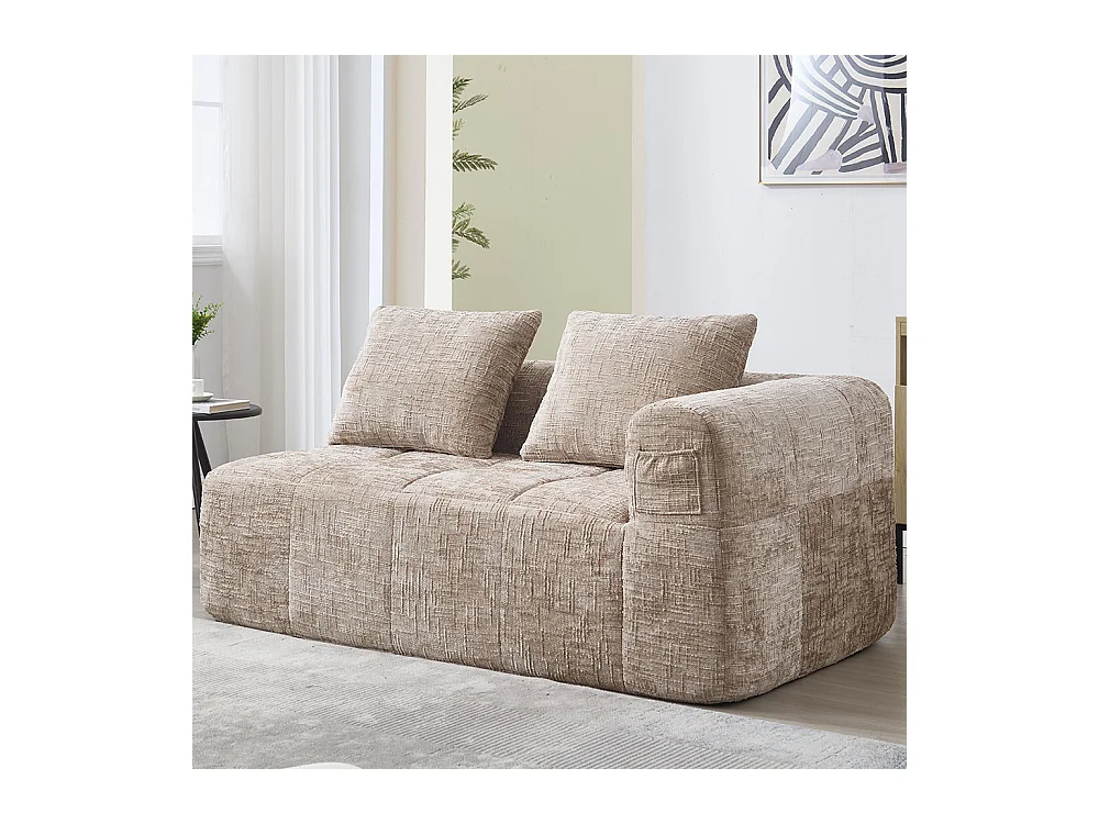 Canapé 2 places sans installation en chenille avec chaise longue accoudoirs coussin et poche latérale pour télécommande couleur kaki