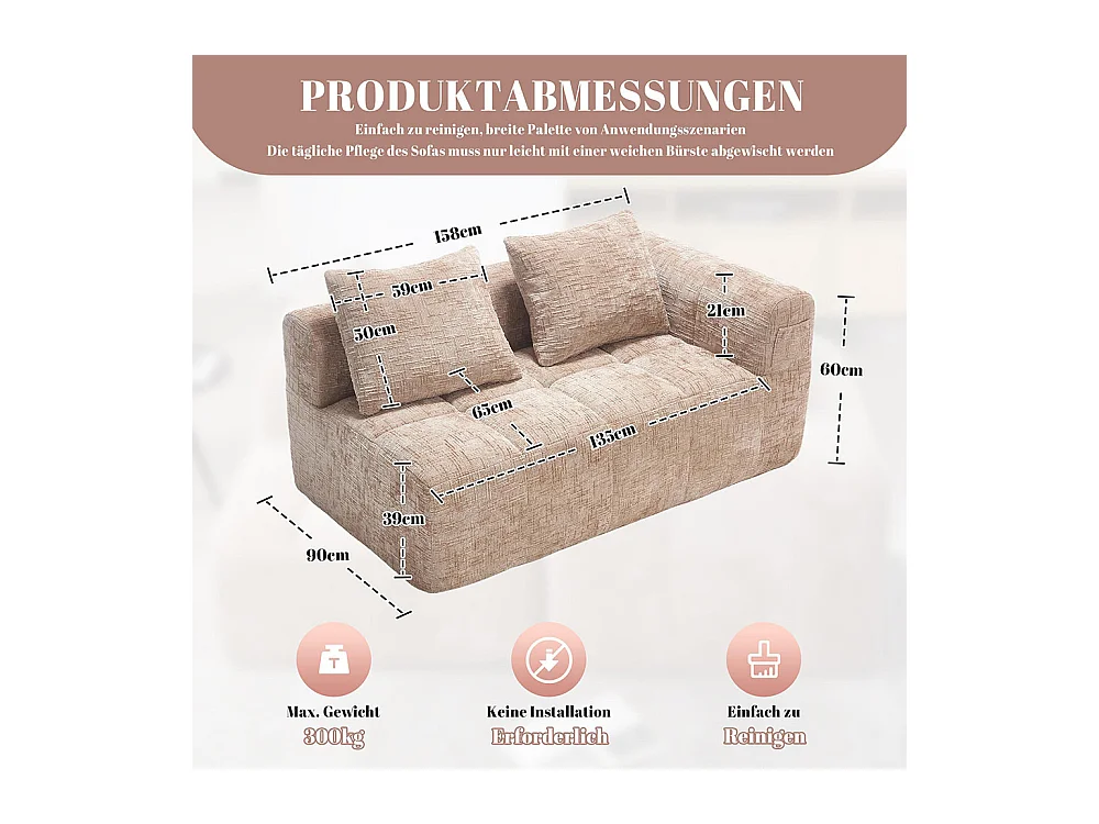 Canapé 2 places sans installation en chenille avec chaise longue accoudoirs coussin et poche latérale pour télécommande couleur kaki