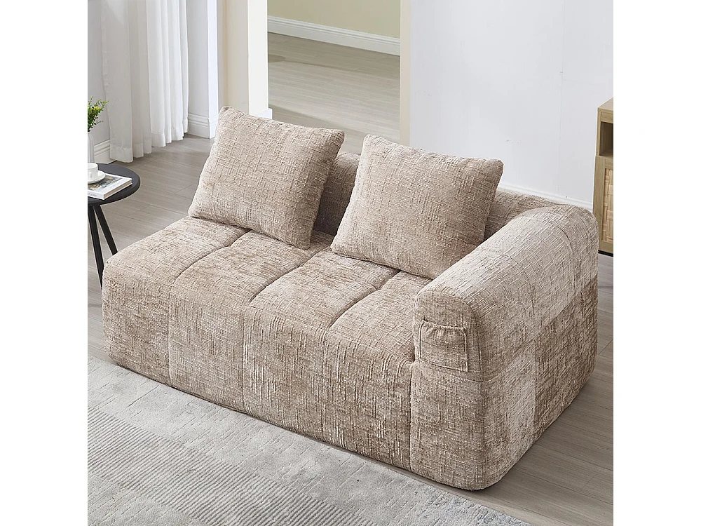 Canapé 2 places sans installation en chenille avec chaise longue accoudoirs coussin et poche latérale pour télécommande couleur kaki